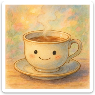 a whimsical teacup with a tiny face, ghibli style sticker