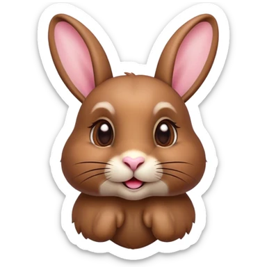 Cinematic Cute Brown Rabbit Portrait Emoji, Head tilted playfully and inquisitively, featuring a glossy, velvety brown fur with perky ears, round, sparkling brown eyes filled with curiosity, Simplified yet irresistibly adorable features, highly detailed, glowing with a warm, friendly glow, high shine, affectionate and lively, stylized with a touch of whimsy, bright and endearing, soft glowing outline, capturing the essence of a mischievous yet loving bunny, so playful it feels like it could hop out of the screen and into your arms! sticker