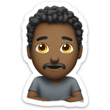 Sitting at his messy desk full of cables sticker