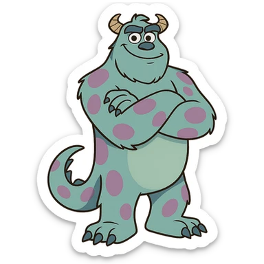 James P. Sullivan Sulley from Monsters Inc, standing with arms crossed, confident, blue and purple, cartoon monster, style matching confident Mike Wazowski sticker
