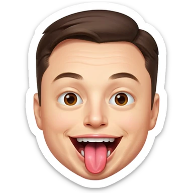 Elon Musk with a playful expression, sticking out a large tongue sticker