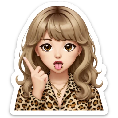  girl with brown medium length wavy hair with bangs, in leopard print gyaru fashion, with tongue out, middle finger sticker