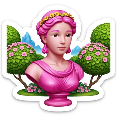 Jeff Koons style pink Grecian bust sculpture in a floral garden landscape  sticker