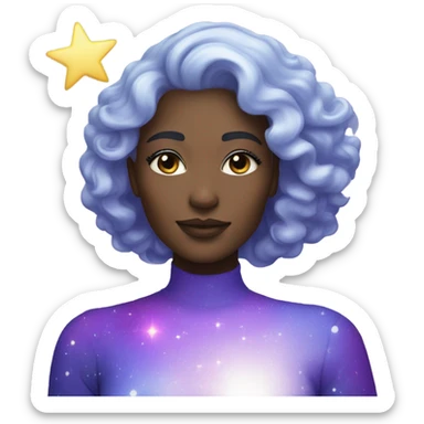 white woman with sparkling galaxy hair with moon and stars in purple and blue shades sticker