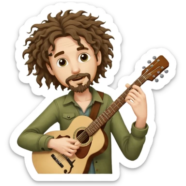 Generate a malnourished dude with curly hair and a shitty goatee who is high on marijuana playing the guitar and twisting a strand of his hair sticker