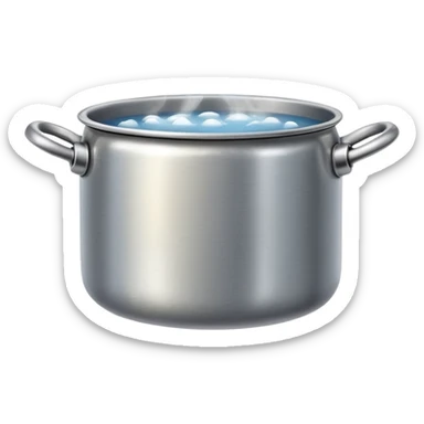 small metal pot filled with boiling water on a stove, visible hot steam and rising bubbles, realistic heat effect, shiny pot surface, bright lighting, clean white background sticker