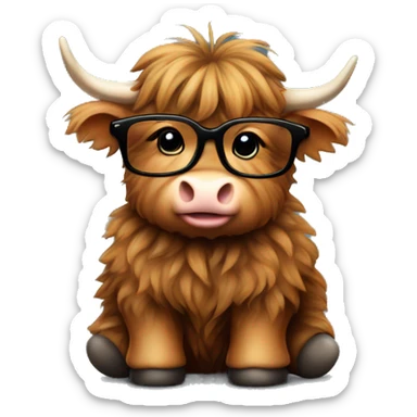 Cute Fluffy brown Highland cow baby sitting with a black glasses in a sweather sticker