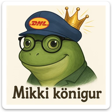Create a realistic and playful DHL Express royal frog based on the reference image of a green frog with glasses and a DHL hat. Add a crown on the frog's head and include the text 'Mikki kongur' in a friendly font. Maintain a realistic and playful style. sticker