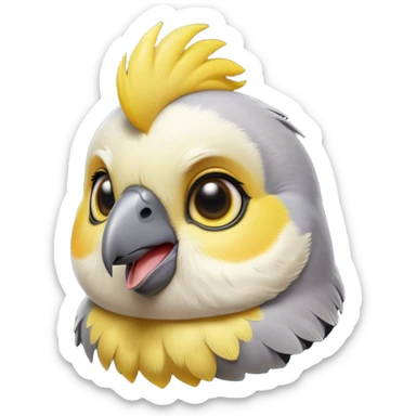 Cinematic Cute Cockatiel Portrait Emoji, Head tilted playfully and inquisitively, featuring a smooth grey fur with bright yellow accents and a perky crest, round, sparkling dark eyes filled with curiosity, Simplified yet irresistibly adorable features, highly detailed, glowing with a warm, friendly glow, high shine, affectionate and lively, stylized with a touch of whimsy, bright and endearing, soft glowing outline, capturing the essence of a mischievous yet loving cockatiel, so playful it feels like it could chirp out of the screen and into your arms! sticker