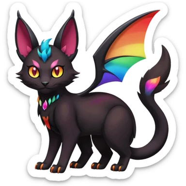 Obsidian-pitch-Black with rainbow-markings edgy Noivern-Purloin-Torracat-Lykoi-Caracal-cat-Fakemon-fusion-hybrid-creature sticker