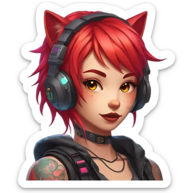 Anime cat gamer girl cyberpunk neon red hair tattoo sticker