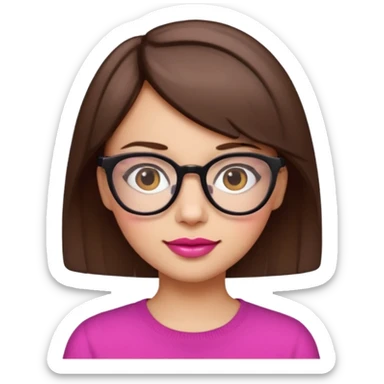 short brown hair girl with glasses, pink lips, and a slight smile, emoji style sticker