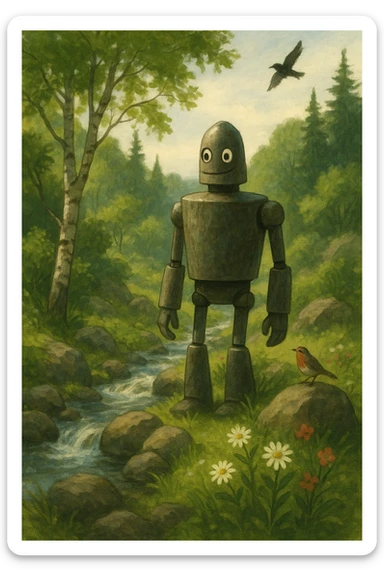 robot protagonist from The Wild Robot, exploring a wild landscape, nature elements, cinematic style, gentle expression sticker