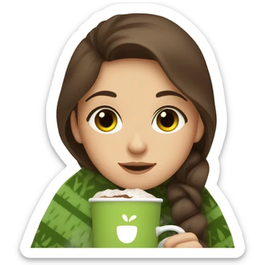 Brown hair Girl drinking chocolate, with a cozy blanket, green eyes sticker