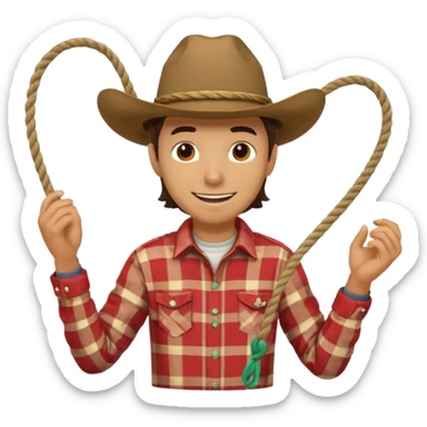 A cowboy with wide-brim hat, plaid shirt, and relaxed grin while twirling a rope.
 sticker