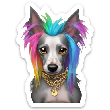 Punk Chinese crested dog neon rainbow hair gold chain punk piercings tattoos punk ear piercings sticker