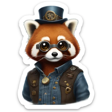 Red panda in a steampunk denim jumpsuit sticker