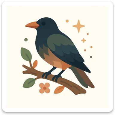 A mysterious crow perched on a branch, surrounded by a soft, magical atmosphere. The crow’s feathers are deep, dark hues with hints of golden orange (FA9B41), forest green (4A7C5C), muted taupe brown (96775A), and pastel peach (FFCC9A) subtly blending into its plumage. The branch is weathered and textured, with small leaves in green and peach tones, and delicate flowers or tiny sparks floating around. The lighting is soft and ambient, casting a warm, mystical glow over the scene, creating a quiet yet enchanting atmosphere. The crow’s sharp eyes and poised posture add to the mysterious, slightly gothic vibe of the moment sticker