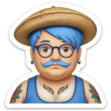 very tattoed face, normal glassess, fat venice gondolier with iconic hat and blue hair woman sticker