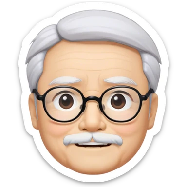 ​Cinematic Realistic Portrait of Hayao Miyazaki, depicted with defined black eyebrows, and large rectangular glasses, his happy expression rendered in lifelike detail, illuminated with soft, realistic lighting that emphasizes his creative genius, sticker