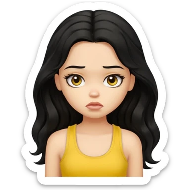 a pretty bratz girl with long wavy black hair, wearing a yellow tank top. looking sad sticker