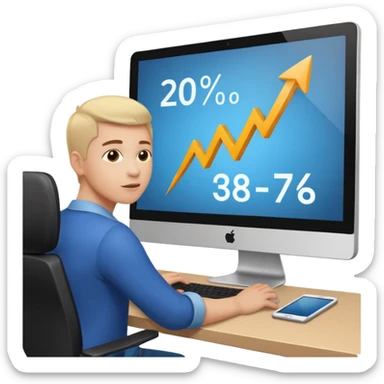 A person sitting at a desk working and looking at a computer with upward arrows and percentage signs, suggesting digital sales, marketing, or outreach. sticker