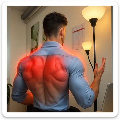 Realistic man seen from behind, inspired by the face in the provided photo but framed from the back. Athletic and muscular body with well-developed back and triceps, highlighted by a glowing red halo around these areas. Realistic style with a positive and motivational atmosphere. sticker