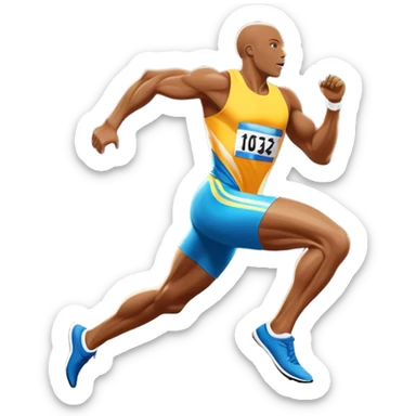 An icon depicting a sprinter in mid-run on a track, muscles tense with speed. The background shows a vibrant stadium filled with cheering fans, bright lights illuminating the track, and a clear sky above. The energy of the race and the thrill of competition are captured in motion.  sticker