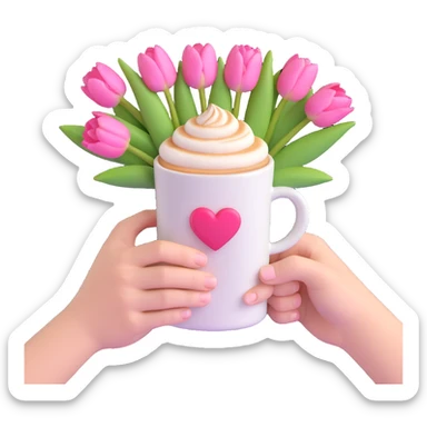 hands holding a coffee cup with heart latte art, bouquet of pink tulips and green stems, white background sticker