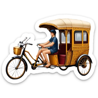 Cyclo rickshaw – Cinematic Realistic Cyclo Rickshaw, depicted as a charming, ornately painted three-wheeled cycle taxi with vintage detailing, set on bustling city streets under dynamic urban lighting that evokes cultural heritage and nostalgic charm. sticker