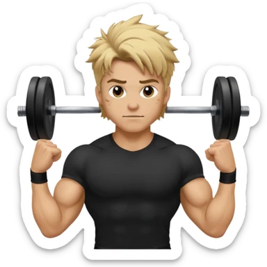 Gym rat with blond brown hair and black t shirt, and messy hair. And muscular sticker