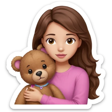 girl with long wavy brown hair, brown eyes, light to medium complexion, in a pink shirt, pink lips, long lashes, hugging a teddy bear sticker