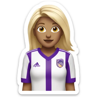 blonde woman wearing white soccer jersey with purple stripes sticker