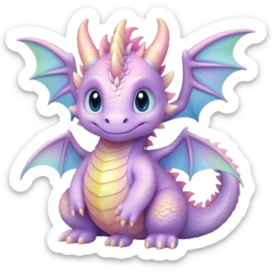 Cinematic fluffy pastel dragon, tiny round wings, chubby feet, sparkling gentle eyes, delicate glowing scales, soft colors blending magically, enchanting and whimsical. sticker