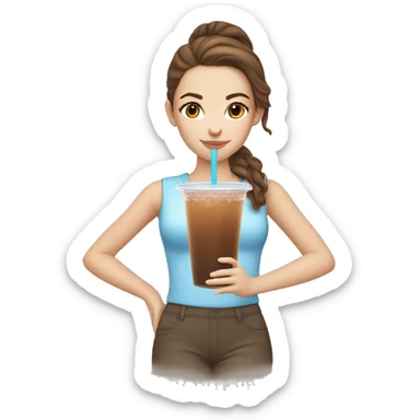 White girl with brown hair and brown eyes drinking bubble tea sticker