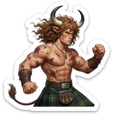 big buff curly hairy man covered in dirt with freckles with messy light brown bangs that covers his face completely with bull horns and bull ears and bull tail dressed in kilt jumped up in a fighting stance with wind in his hair sticker