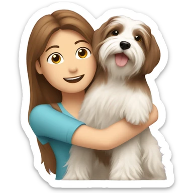 a brown-haired white woman hugging a havanese sticker