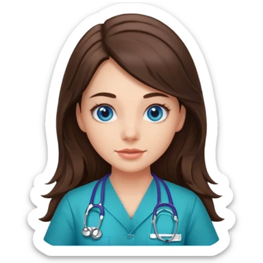 pretty brunette nurse with long hair and blue eyes in dinosaur scrubs sticker