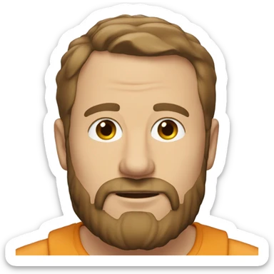 A head and shoulders shot of a 35 year old white man, with short brown hair, with beard facial hair,   with brown eyes wearing a t-shirt. sticker