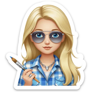 girl with long blond hair, wearing plaid shirt with blue eyes and aviator sunglasses wearing a ring on her silver necklace, holding a paint brush sticker