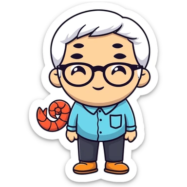 a little shrimp that is old with white hair and glasses, elderly shrimp character with white eyebrows and hair, wearing round glasses sticker