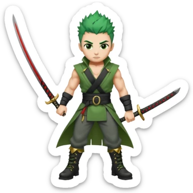 Muscular scarred warrior, short spiky moss-green hair, sharp steel-grey eyes, strong jaw, serious stare. Black trousers, boots, green sash with three katanas, open white coat, three gold earrings. Cinematic, ultra-realistic. (Roronoa Zoro) sticker