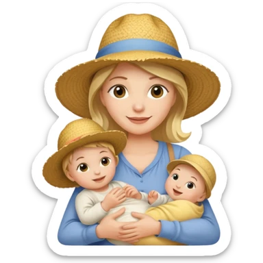 A cheerful mom in a straw hat carrying a baby sticker