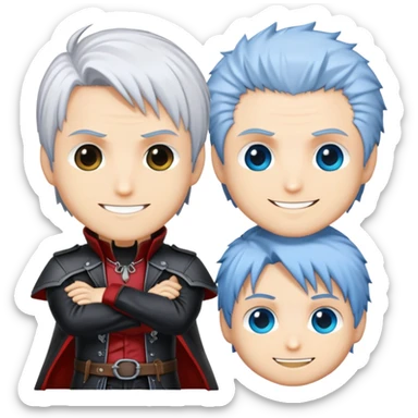 Cute chibi Dante, Vergil, and Nero from Devil May Cry, big heads, small bodies, childlike proportions sticker