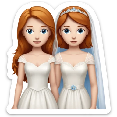 A ginger woman with blue eyes, marrying a taller woman with brown hair and hazel eyes, both in wedding dresses. sticker