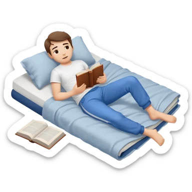 bed with a wrinkled blanket, the pillow out of place on the floor. t-shirt, pants, and an open book on the floor. sticker