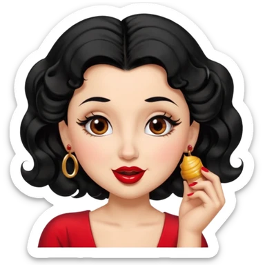 Betty Boop: round face, honey-toned skin, expressive eyes, full eyelashes, arched eyebrows, tiny upturned nose, pouty puckered lips, matching lipstick, flawless makeup, black long wavy hair that elegant frame her face in a high side ponytail, nails, laughing  sticker