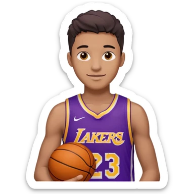 generate an ios genmoji of a handsome dark 20 year old in a purple lakers basketball jersey, basketball in hand, smirking sticker