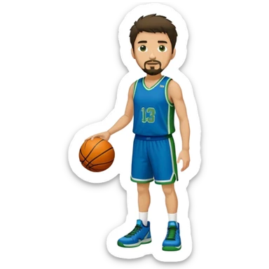 Full Body white male basketball player with short dark shaggy hair and goatee wearing blue and green uniform sticker