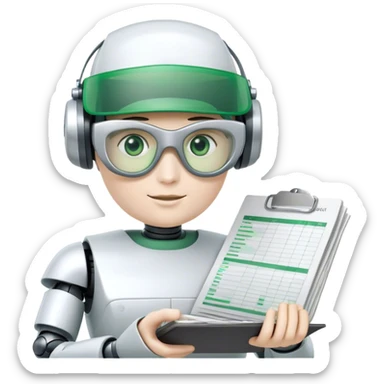 human like robot bookkeeper wearing Green eyeshades visor used by accountants and holding spreadsheets sticker